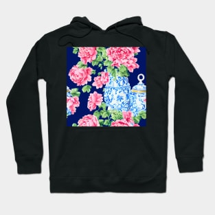 Roses in chinoiserie jar on navy blue background Hoodie